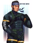  1boy bara belt black_bodysuit black_gloves black_hair blue_headband bodysuit chest_belt closed_mouth copyright_name cosplay foazycozy gloves golden_kamuy green_belt headband highres large_pectorals looking_at_viewer male_focus metal_gear_(series) metal_gear_solid muscular muscular_male pectorals short_hair sideburns solid_snake solid_snake_(cosplay) solo tanigaki_genjirou 