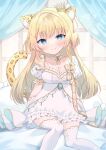  1girl animal_ear_fluff blonde_hair blue_eyes blush braid breasts cleavage commentary crown dress hatsukapipi highres indie_virtual_youtuber mini_crown nanase_(ribonshitoron) side_braid sitting smile solo symbol-only_commentary thighhighs white_dress white_thighhighs 