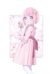  1girl aged_down alternate_costume blue_eyes blurry blurry_background blush border braid cherry_blossoms commentary dress feet_out_of_frame floral_background flower frilled_dress frills from_side hair_flower hair_ornament hair_over_shoulder hand_up highres holding holding_flower kaf_(kamitsubaki_studio) kamitsubaki_studio long_sleeves looking_at_viewer looking_to_the_side multicolored_eyes outside_border pantyhose photo_background pink_dress pink_flower pink_hair polka_dot polka_dot_dress red_eyes red_sash ryuuforkaf sash smile solo symbol-only_commentary white_border white_pantyhose yellow_pupils 