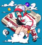  1girl aqua_hair baseball_cap black_eyes blue_background cherry_print cloud commentary drawstring drop_shadow famicom fanny_pack food_print full_body game_console ghost grin hat high_collar jitome long_sleeves looking_at_viewer low_twintails nao97122 nike original red_footwear red_headwear shoes sidelocks single_vertical_stripe smile sneakers socks solo streetwear sweater twintails white_footwear white_headwear white_sweater yellow_socks zipper_pull_tab 