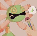  1other ^_^ blurry blurry_foreground brown_background closed_eyes commentary_request cradily happy highres holding jewelry kotan_(cho_mateyo) musical_note pokeblock_case pokemon pokemon_(creature) ring spoken_musical_note 