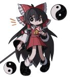  ascot black_eyes black_footwear black_hair blush bow chibi closed_mouth detached_sleeves dress full_body hair_bow hakurei_reimu highres holding holding_pole light_frown long_hair looking_at_viewer motion_lines nontraditional_miko orb pole red_bow red_dress simple_background touhou very_long_hair white_background white_sleeves yellow_ascot yin_yang yin_yang_orb zunusama 