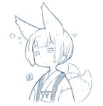  1girl animal_ears bob_cut closed_mouth fox_ears fox_girl fox_tail half-closed_eyes japanese_clothes kimono kukuri_(mawaru) long_sleeves mawaru_(mawaru) monochrome multiple_tails original short_hair simple_background solo tail white_background 