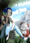  1girl absurdres bare_shoulders black_choker blue_hair blue_sky bob_cut brown_eyes choker cloud cloudy_sky collarbone covered_eyes crop_top denim dog grey_shirt highres hisuian_growlithe horns jeans loose_hair_strand midriff multicolored_hair on_grass pants perrin_(pokemon) pokemon pokemon_(creature) pokemon_(game) pokemon_sv red_fur ribbed_shirt shirt single_horn sitting sky sleeveless sleeveless_shirt solo sorutosoru tree two-tone_hair undershirt v-neck watch wristwatch 