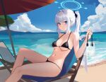  1girl bare_shoulders bikini black_bikini blue_archive breasts danraz0r halo highres long_hair looking_at_viewer medium_breasts miyako_(blue_archive) navel ponytail purple_eyes solo stomach string_bikini swimsuit thighs white_hair 