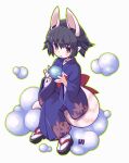  1girl animal_ears black_hair brown_eyes green_outline hasaha japanese_clothes kimono looking_at_viewer mawaru_(mawaru) obi open_mouth outline pointy_ears purple_kimono sash short_hair simple_background socks solo summon_night summon_night_2 tabi tail white_background white_socks zouri 