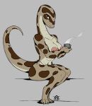  2020 anthro breasts clothed clothing coffee_mug female full-length_portrait hi_res nipples non-mammal_breasts non-mammal_nipples omeyega portrait reptile scalie sitting snake solo spots topless topless_anthro topless_female 