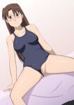  1girl arm_support azumanga_daioh blush breasts brown_eyes commentary_request commission glasses hall_onon highres long_hair looking_at_viewer medium_breasts mizuhara_koyomi pussy pussy_peek school_swimsuit skeb_commission spread_legs swimsuit thighs 