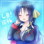  1girl ^_^ anniversary arm_under_breasts black_hair black_jacket blush bow breasts cleavage closed_eyes collared_shirt commentary_request facing_viewer hair_between_eyes hair_bow hair_ribbon hand_up happy highres jacket kurugaya_yuiko large_breasts light_blue_background little_busters! little_busters!_school_uniform long_hair long_sleeves micchi_(koto_maple) open_mouth ribbon school_uniform shirt sidelocks signature simple_background smile solo upper_body very_long_hair white_shirt yellow_bow yellow_ribbon 