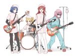  4girls black_thighhighs blonde_hair blue_eyes blue_hair blue_pajamas blue_shirt blush bocchi_the_rock! closed_mouth commentary_request cube_hair_ornament dress drum_(container) full_body gotou_hitori green_eyes guitar hair_between_eyes hair_ornament hat high_heels highres ijichi_nijika instrument kita_ikuyo long_hair long_sleeves multiple_girls nurse nurse_cap one_side_up open_mouth pajamas pink_dress pink_footwear pink_hair pink_headwear red_eyes red_footwear red_hair sandals shirt short_hair side_ponytail sidelocks simple_background smile spitz_(band) standing sunglasses thighhighs tokufumi white_background white_thighhighs yamada_ryou yellow_eyes 
