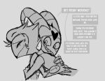  &lt;3 anthro avian bird blitzo_(helluva_boss) dialogue duo embrace eyes_closed grey_background hair helluva_boss hi_res horn hug imp male monochrome owl owl_demon short_hair simple_background smile speech_bubble stolas_(helluva_boss) teathekook text white_text 