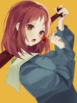  1girl baseball_bat candy flcl food highres holding holding_baseball_bat lollipop o_u_xkx open_mouth red_eyes red_hair sailor_collar samejima_mamimi school_uniform short_hair simple_background solo tongue yellow_background 