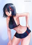  1girl absurdres alfarejected armpits bare_shoulders bent_over black_hair blue_eyes blush breasts collarbone exercise hair_between_eyes hand_on_own_hip hand_on_own_thigh highres kill_la_kill leaning_forward looking_to_the_side matoi_ryuuko medium_breasts messy_hair multicolored_hair navel panties parted_lips short_hair sideboob signature simple_background solo streaked_hair sweat thighs trigger_(company) two-tone_hair underwear 