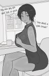  breasts dark_skin english_text greyscale highres large_breasts mole monochrome office original rover_(rover_png) seductive_smile short_hair skirt sleeveless smile thick_thighs thighs 