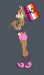  anonymous_artist anthro bottomwear brown_body brown_eyes brown_fur clothed clothing deer female fur hi_res holding_object horn lesbian_pride_colors lgbt_pride mammal marching orange_lesbian_pride_colors pride_color_clothing pride_color_flag pride_colors shorts simple_background solo stated_homosexuality stated_sexuality wristband 