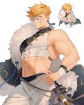  1boy abs bara bare_shoulders black_coat blush coat crop_top earrings fur-trimmed_coat fur_trim granblue_fantasy higashigunkan jewelry large_pectorals male_focus muscular muscular_male navel one_eye_closed open_mouth pants pectorals round_eyewear semi-rimless_eyewear silverroar&#039;s_swiftclaw_(granblue_fantasy) simple_background smile solo sunglasses teeth translation_request vane_(granblue_fantasy) white_background white_pants 