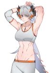  1girl absurdres ahoge alternate_costume arknights armpits arms_up breasts brown_eyes commentary_request cowboy_shot crop_top grey_hair grey_pants highres horns jewelry large_breasts leggings long_hair looking_at_viewer midriff molu_stranger navel necklace pants parted_lips ponytail saria_(arknights) simple_background solo sports_bra standing stomach tail very_long_hair white_background 