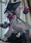 anthro bent_over breasts claws featureless_crotch female fur generation_9_pokemon green_body green_fur hi_res mask meowscarada narrowed_eyes nintendo nipples open_mouth pakwan008 pink_eyes pink_nipples pokemon pokemon_(species) short_tail smile solo tail 