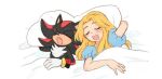  1boy 1girl blonde_hair commentary_request gloves long_hair maria_robotnik open_mouth shadow_the_hedgehog sleeping sonic_(series) sonic_adventure_2 under_covers white_gloves yotsumeddd 