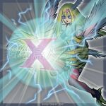  1girl animal_hands artist_name bare_shoulders bird_tail blonde_hair breasts claws cleavage commentary_request duel_monster electricity feathered_wings feathers garter_straps grey_eyes hair_ornament harpie_girl_(yu-gi-oh!) harpy heart heart_hair_ornament long_hair monster_girl navel open_mouth pink_feathers pink_thighhighs pink_wings pointy_ears rindou_akira saber_reflection_(yu-gi-oh!) solo tail talons thighhighs winged_arms wings x yu-gi-oh! 