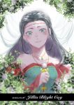  1girl bare_shoulders black_hair circlet closed_mouth dated dress flower gensou_suikoden gensou_suikoden_ii green_eyes jewelry jillia_blight long_hair looking_at_viewer morishio necklace ringed_eyes smile solo 