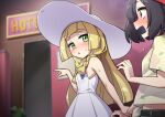  2girls black_hair blonde_hair blue_eyes blunt_bangs blush braid dress green_eyes hat heebee holding lillie_(pokemon) love_hotel midriff multiple_girls open_mouth pointing pokemon pokemon_(game) pokemon_sm selene_(pokemon) shirt short_hair short_sleeves sleeveless sleeveless_dress sweatdrop twin_braids white_dress white_headwear yuri 