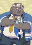  2023 absurd_res anthro bear belly big_belly blush bottomwear canid canine canis clothing domestic_dog duo embrace eyewear glasses hi_res hug kemono male male/male mammal necktie pants shirt size_difference tachiuo topwear 