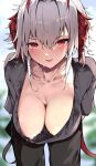  1girl :p arknights black_pants black_shirt blush breasts cleavage collarbone commentary_request hair_between_eyes highres horns kyuu_(plastic_night_q) large_breasts looking_at_viewer pants red_eyes red_horns shirt short_hair solo sweat tongue tongue_out w_(arknights) white_hair 