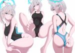  1girl ass bare_arms bare_legs bare_shoulders barefoot blue_archive blue_eyes blue_halo breasts competition_swimsuit grey_hair halo highres medium_breasts medium_hair mtoan multiple_views official_alternate_costume one-piece_swimsuit shiroko_(blue_archive) shiroko_(swimsuit)_(blue_archive) simple_background swimsuit white_background 