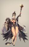  1girl absurdres breasts cleavage feathered_wings hair_over_one_eye hat highres jeffr large_breasts long_hair low_wings mace original shield shiny_skin simple_background solo thighs weapon wings 