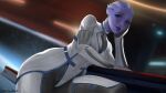  2021 alien alien_humanoid anthro arm_support asari blue_body blue_eyes blue_skin blurred_background bodysuit breasts clothed clothing eyebrows eyelashes female furniture holymeh humanoid leaning_on_elbow liara_t&#039;soni lips looking_at_viewer mass_effect not_furry skinsuit solo space table tight_clothing 