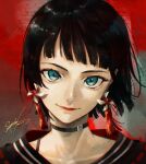  1girl absurdres akiwashi black_choker black_hair choker collarbone highres nose original pinwheel pinwheel_earrings red_lips short_hair smile 