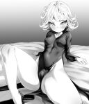  1girl arm_support breasts commentary covered_nipples dress greyscale high_heels leaning_back monochrome no_panties one-punch_man pelvic_curtain petite rom_(20) sitting small_breasts solo spread_legs tatsumaki thick_thighs thighs 