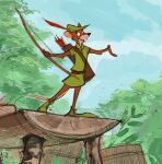  2023 absurd_res alternate_species anthro arrow_(weapon) biped bow_(weapon) brown_body clothed clothing detailed_background disney hi_res humanoid_hands kallielef mammal murid murine outside plant ranged_weapon rat robin_hood robin_hood_(disney) rodent solo tree weapon 