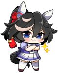  1girl :3 animal_ears back_bow black_hair blue_eyes blush bow brown_footwear chibi closed_mouth commentary_request crossed_arms ear_covers full_body hair_between_eyes hair_ornament highres horse_ears horse_girl horse_tail katsuragi_ace_(umamusume) looking_at_viewer medium_hair multicolored_hair petticoat pleated_skirt plover ponytail puffy_short_sleeves puffy_sleeves purple_bow purple_shirt school_uniform shirt short_sleeves simple_background skirt solo sparkle streaked_hair summer_uniform tail thighhighs tracen_school_uniform umamusume white_background white_hair white_skirt white_thighhighs 