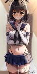  1girl black_hair black_neckerchief black_panties blue_sailor_collar blue_skirt bob_cut breasts brown_eyes commentary_request cosplay cowboy_shot crop_top eckert&amp;eich elbow_gloves gloves haguro_(kancolle) hair_ornament highleg highleg_panties highres kantai_collection large_breasts looking_at_viewer microskirt midriff neckerchief one-hour_drawing_challenge panties sailor_collar shimakaze_(kancolle) shimakaze_(kancolle)_(cosplay) shirt short_hair signature skirt sleeveless sleeveless_shirt solo striped striped_thighhighs thighhighs twitter_username underwear white_gloves 