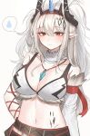  1girl arknights bare_shoulders blush breasts cleavage closed_mouth commentary_request cosplay grey_background grey_hair hair_between_eyes highres horns hyeroin kirin_r_yato_(arknights) kirin_r_yato_(arknights)_(cosplay) large_breasts long_hair looking_at_viewer mudrock_(arknights) navel pointy_ears red_eyes simple_background solo spoken_sweatdrop sweat sweatdrop very_long_hair yato_(arknights) 