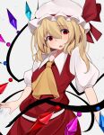  1girl absurdres ascot blonde_hair blush collarbone collared_shirt cowboy_shot crystal enami_(puusannnemuiyo) flandre_scarlet hair_between_eyes hat hat_ribbon highres medium_hair multicolored_wings open_mouth puffy_short_sleeves puffy_sleeves red_eyes red_ribbon red_skirt red_vest ribbon ribbon-trimmed_headwear ribbon_trim shirt short_sleeves simple_background skirt skirt_set solo teeth touhou upper_teeth_only vest white_background white_headwear white_shirt wings yellow_ascot 