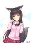  1girl :o alternate_costume animal_ear_fluff animal_ears artist_name azur_lane black_hair blunt_bangs blush bow bowtie cardigan chinese_commentary collared_shirt commentary_request cowboy_shot fox_ears fox_girl fox_tail hands_up head_tilt leaning_to_the_side long_hair long_sleeves looking_at_viewer m_ko_(maxft2) mixed-language_commentary nagato_(azur_lane) paid_reward_available parted_lips partial_commentary paw_pose pink_cardigan plaid plaid_bow plaid_bowtie plaid_skirt puffy_long_sleeves puffy_sleeves red_bow red_bowtie red_skirt shirt sidelocks signature skirt sleeve_cuffs sleeves_past_wrists solo tail very_long_hair white_shirt yellow_eyes 