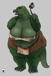  5_fingers anthro areola belly big_breasts bk_sat(artist) breasts brown_areola brown_nipples claws female fingers green_body green_scales grey_background hi_res holding_object kitchen_utensils ladle navel nipples open_mouth overweight overweight_anthro overweight_female scales scalie simple_background solo thick_thighs toe_claws tools translucent wide_hips 