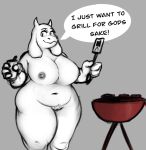  anthro areola beverage big_breasts black_eyes boss_monster bovid breasts burger caprine english_text exclamation_point female floppy_ears food genitals goat grey_areola grey_nipples grill hi_res holding_beverage holding_object holding_spatula holding_tool horn huge_breasts huge_thighs i_just_wanna_grill mammal nipples nude plantyfern pussy smile solo spatula speech_bubble text thick_thighs tools toriel undertale undertale_(series) white_body wide_hips 