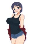  1girl :d arms_behind_back bare_shoulders black_eyes black_hair black_tank_top blue_shorts blunt_bangs bob_cut breasts collarbone comiket_102 commentary_request dolphin_shorts hair_ornament hairclip highres jacket kirigaya_suguha large_breasts looking_at_viewer off_shoulder red_jacket short_hair shorts smile solo sword_art_online taka_(copyrobot) tank_top white_background 