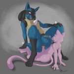  1:1 absurd_res anal anal_penetration anthro anus balls bodily_fluids duo flaccid generation_1_pokemon generation_4_pokemon genital_fluids genitals hi_res larger_penetrated legendary_pokemon lucario male male/male mew_(pokemon) nintendo nipples open_mouth penetration penis pokemon pokemon_(species) power_bottom precum precum_in_mouth precum_string rocketshibaa size_difference tail 