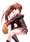  1girl :&lt; ahoge baseball_mitt black_jacket black_socks blazer bloom bow bowtie brown_hair closed_mouth feet_out_of_frame floating_hair grey_skirt hair_between_eyes highres jacket kneehighs knees_together_feet_apart light_blush little_busters! little_busters!_school_uniform long_hair long_sleeves miniskirt natsume_rin non-web_source pink_bow pink_bowtie pitching plaid plaid_skirt pleated_skirt ponytail red_eyes school_uniform serious simple_background skirt socks solo standing v-shaped_eyebrows very_long_hair white_background zen_(kamuro) 