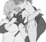  1boy 1girl blush boots breasts collarbone collared_shirt detached_sleeves earrings finger_in_another&#039;s_mouth flower genshin_impact gloves greyscale hair_between_eyes hair_flower hair_ornament hetero implied_sex jewelry large_breasts leg_up licking licking_ear lumine_(genshin_impact) monochrome nipples open_mouth pottsness rolling_eyes shirt simple_background single_earring sweat tartaglia_(genshin_impact) tears thigh_boots tongue 