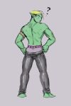  2:3 ambiguous_gender armband back_muscles barefoot blonde_hair bottomwear butt clothing drawfee_(copyright) drawtectives feet glistening glistening_clothing green_body green_skin gyorik_rogdul hair hi_res humanoid humanoid_pointy_ears itskatieclearly muscular muscular_humanoid orc pants solo tight_bottomwear tight_clothing underwear 