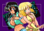  2girls :d aqua_gloves aqua_headband aqua_shorts aqua_vest armlet bare_shoulders bare_tree belt black_hair blonde_hair blue_belt blue_bracelet blue_eyes blunt_ends blush bob_cut border breasts breasts_squeezed_together cleavage closed_mouth cosplay cowboy_shot dark-skinned_female dark_skin dirty_pair dutch_angle earrings eyelashes fang ghost gloves green_eyes gunsmith_cats hair_between_eyes halloween halloween_costume hands_on_own_chest hat inverted_bob jack-o&#039;-lantern jewelry kei_(dirty_pair) kei_(dirty_pair)_(cosplay) koshou_shoushou+kinsho large_breasts looking_at_viewer medium_breasts midriff minnie_may_hopkins multiple_girls navel nose_blush open_mouth outline outside_border own_hands_together pink_bracelet plunging_neckline popped_collar purple_background raised_eyebrows rally_vincent short_hair short_shorts shorts sidelocks single_glove smile spread_fingers swept_bangs tan tree v_arms vest wavy_hair white_border white_outline witch_hat yellow_belt yellow_gloves yellow_shorts yellow_vest yuri_(dirty_pair) yuri_(dirty_pair)_(cosplay) 
