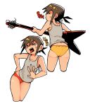  1girl anger_vein artist_name ass bent_over blupixl brown_hair commentary cropped_legs electric_guitar english_commentary grey_tank_top guitar half-closed_eyes highres holding holding_instrument instrument open_mouth original panties red_panties signature tank_top tongue tongue_out underwear underwear_only v-shaped_eyebrows yellow_panties 