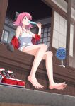  1girl arm_support armpit_crease bare_legs bare_shoulders barefoot black_bow black_socks bow collarbone commission electric_fan eyelashes feet food foreshortening full_body greek_toe hair_bow hand_up highres holding honshiro_nikori jewelry legs medium_hair necklace off_shoulder original pink_hair popsicle shadow shoes shoes_removed short_shorts short_sleeves shorts sitting skeb_commission sneakers socks socks_removed solo spread_toes sweatdrop tank_top thighs toenails toes white_shorts white_tank_top 