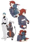  2boys archer_(pokemon) belt belt_buckle black_shirt buckle commentary_request cowlick grey_jacket holding holding_pokemon jacket lint_roller logo long_hair long_sleeves looking_down male_focus monji_samonji multiple_boys pants pokemon pokemon_(creature) pokemon_(game) pokemon_hgss red_hair shirt shoes short_hair silver_(pokemon) sneasel sweatdrop team_rocket team_rocket_uniform weavile white_background 